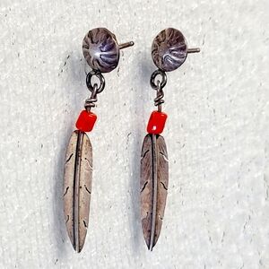 Sterling Silver FEATHER Dangle Earrings w/ orange coral? bead marked DF 925